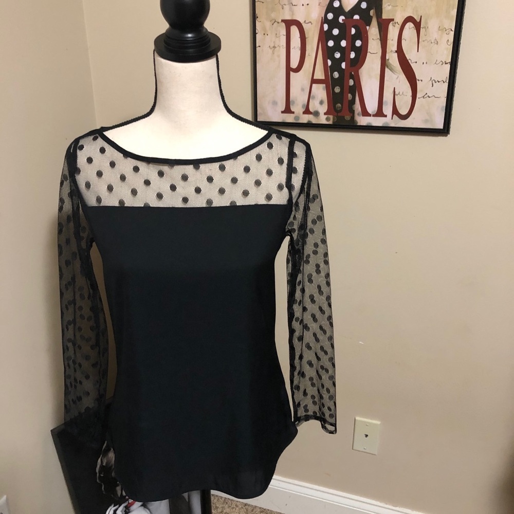 Express Black Sheer Polka Dot Mesh Sleeve & Yoke Button Back Blouse Top XS